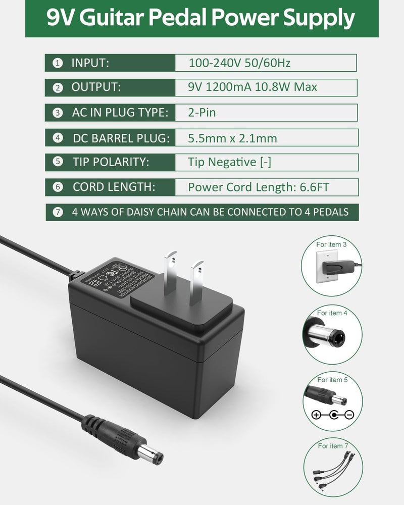 JOVNO مزود طاقة دواسة الجيتار، DC 9V، 1.2A، محول BOSS PSA 9V DC لموصل الطاقة لدواسات الجيتار ولوحة المفاتيح 【5.5 * 2.1mm طرف سالب & 4 كابلات دواسة سلسلة】 - Image 2